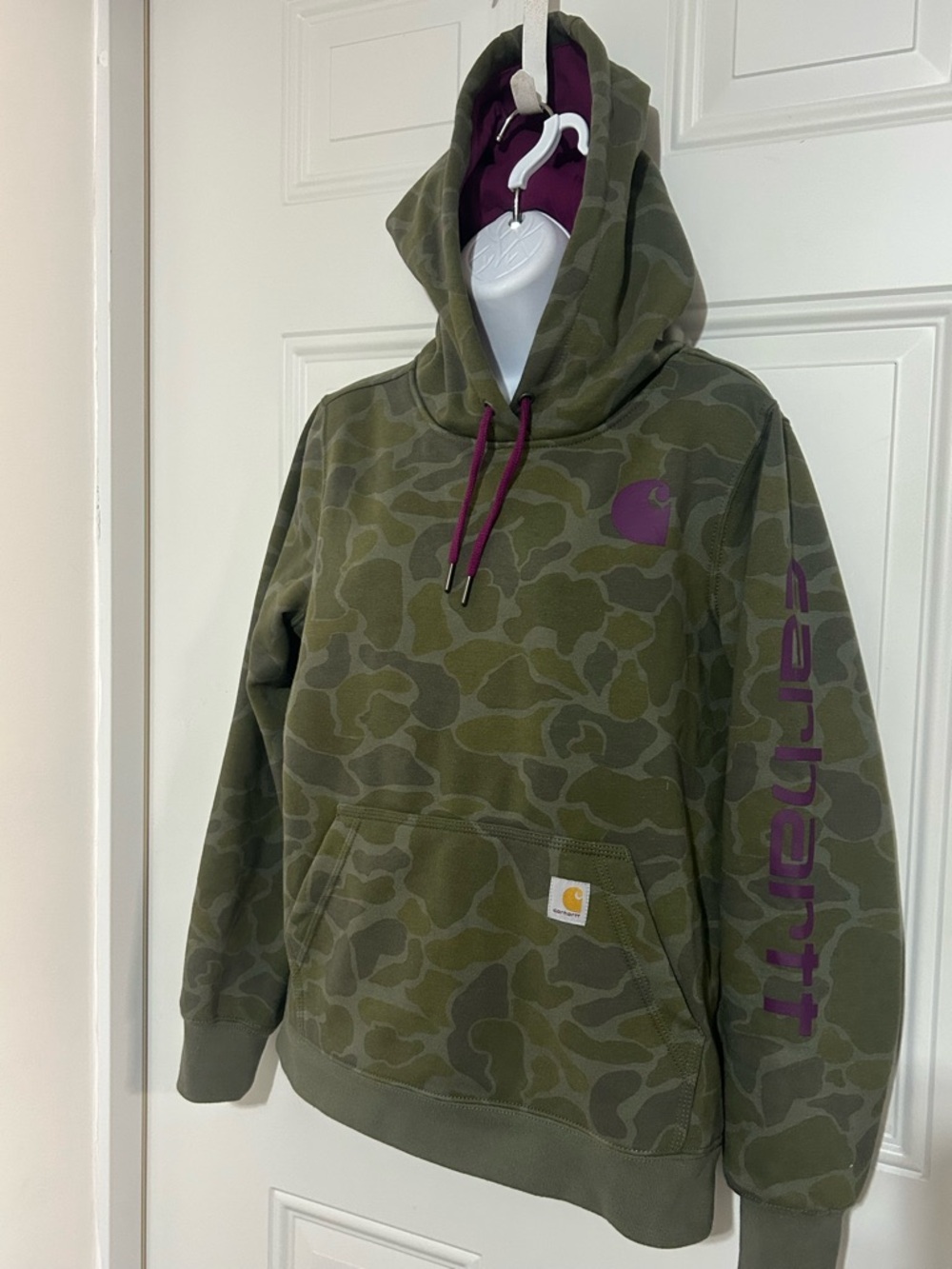 Carhartt Olive Camo Hoodie with Bright Purple Hood